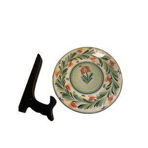 Gail Pittman 7” Plate with Black Stand Ivory/Off White Multi Color Mainly Greens